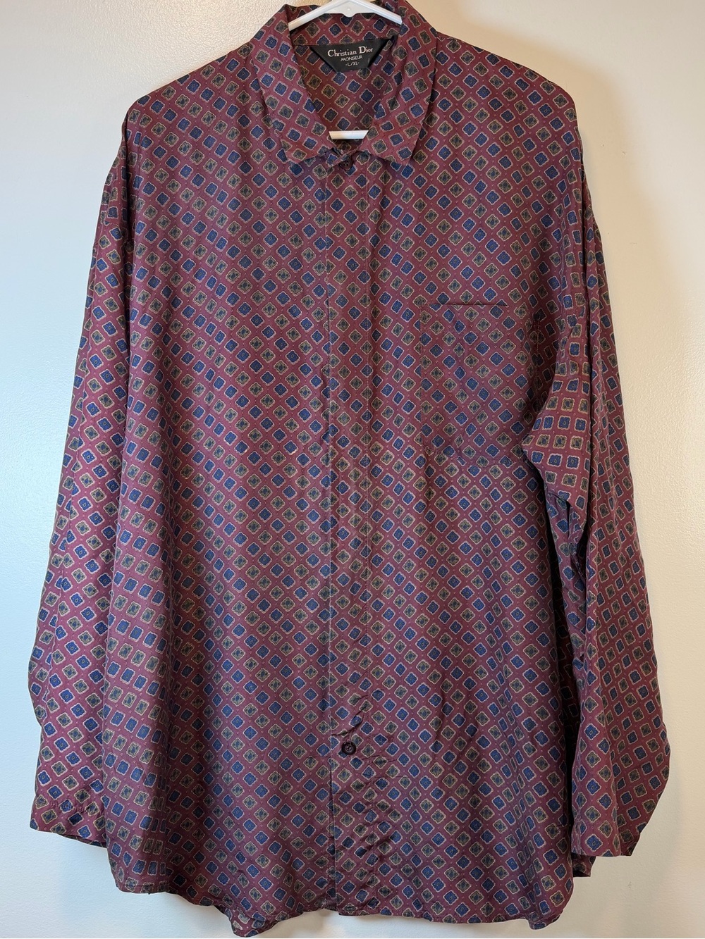 Vintage Christian Dior Monsieur Wine Geometric Print Button-Down Silk Size L/XL